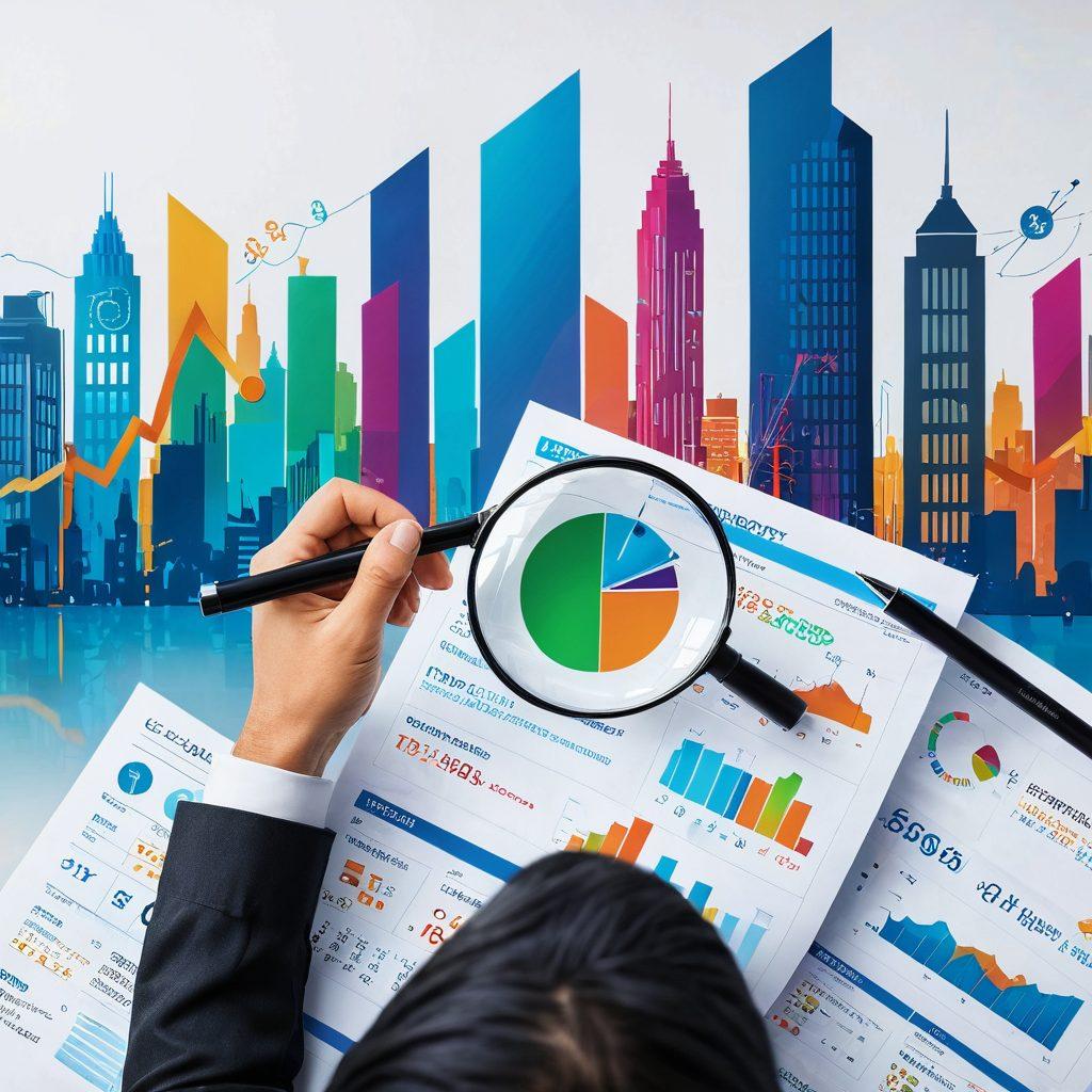 A visually engaging split scene showing a person confidently reviewing their credit report on one side, while the other side depicts a thriving urban skyline symbolizing financial success. Include elements like a rising graph, a magnifying glass focusing on a credit score, and colorful icons representing various financial tools. The overall atmosphere should be empowering and optimistic. super-realistic. vibrant colors. white background.