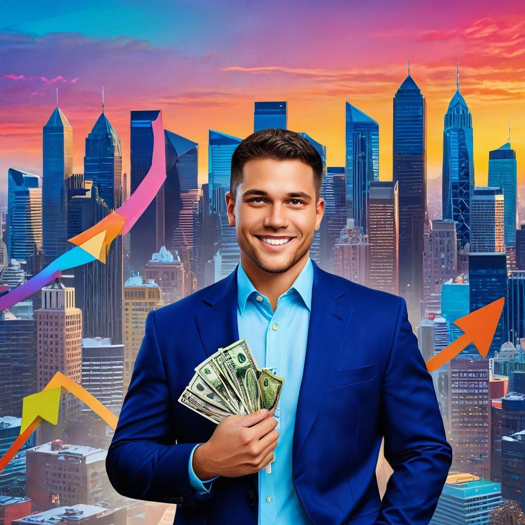 A confident person standing in front of a giant wallet filled with colorful financial statements and credit scores, symbols of growth and success surrounding them like ascending arrows and bright coins. The background features a city skyline symbolizing financial opportunity. The overall atmosphere is empowering and optimistic. super-realistic. vibrant colors. 3D.